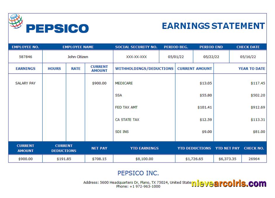 USA Pepsico Inc. drink producing company pay stub